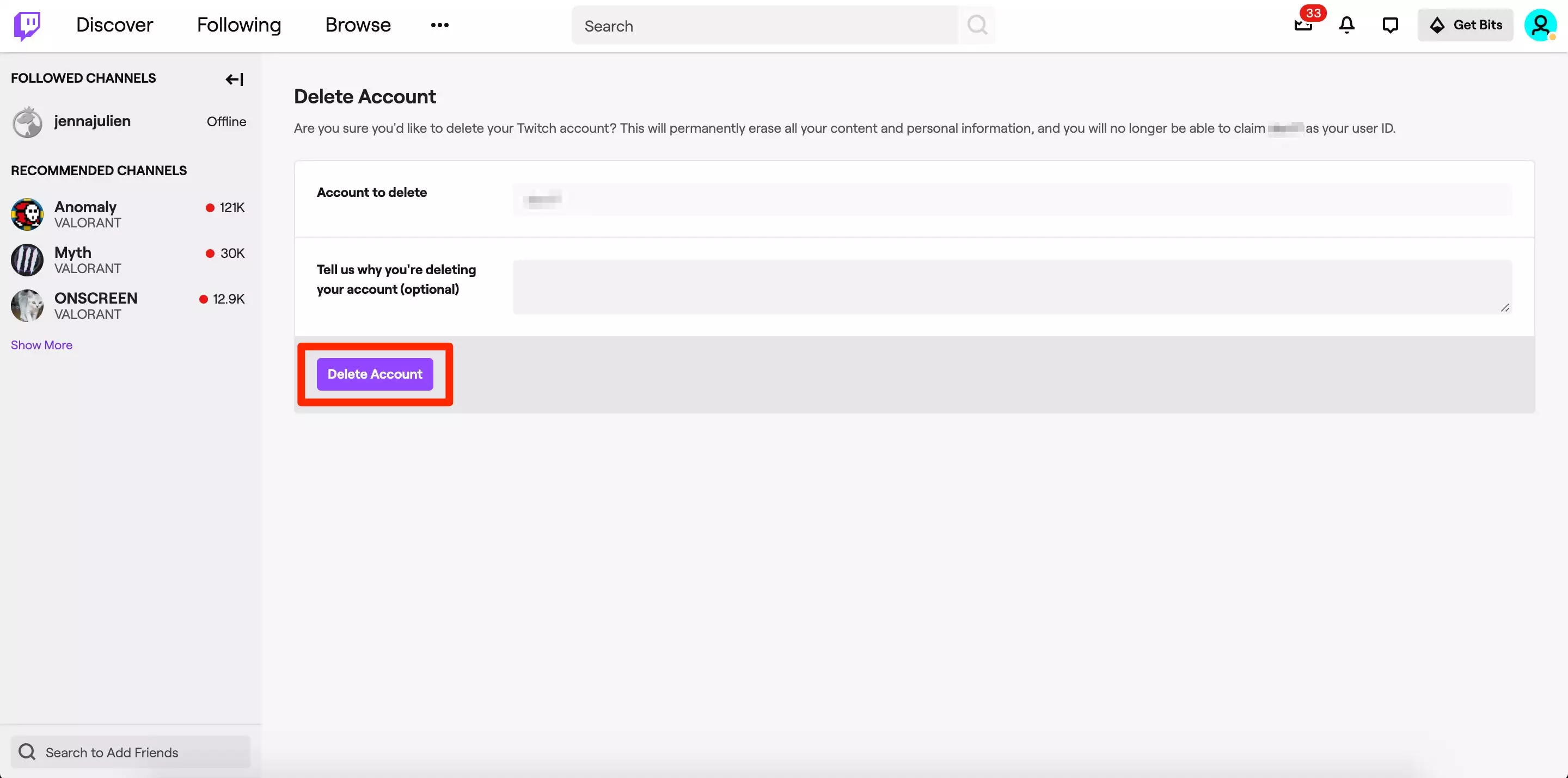 deleting your account Twitch Profile